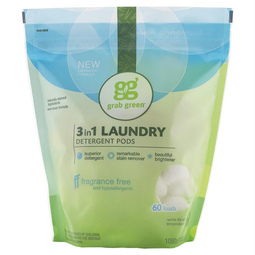 Grab Green: 3-in-1 Laundry Detergent Pods Fragrance Free 60 Pods, 2.4 Lb