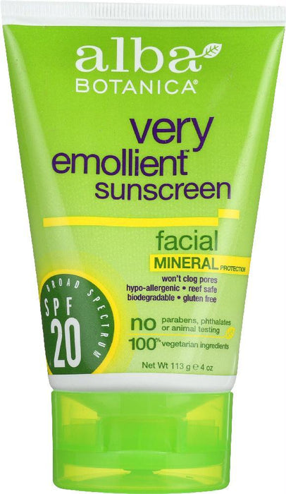 Alba Botanica: Very Emollient Sunscreen Facial Mineral Protection Spf 20, 4 Oz