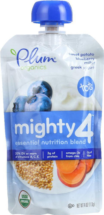 Plum Organics: Tots Mighty 4 Essential Nutrition Blend Sweet Potato Blueberry Millet Greek Yogurt, 4 Oz