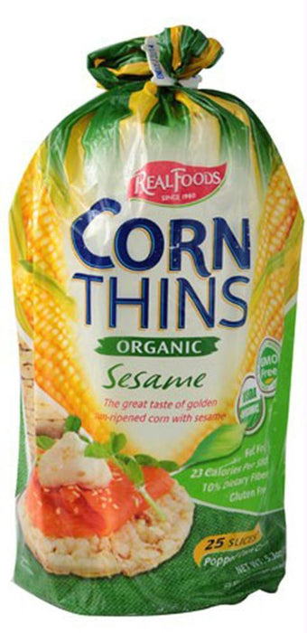 Real Foods: Corn Thins Organic Sesame Popped Corn Cakes 26 Slices, 5.3 Oz