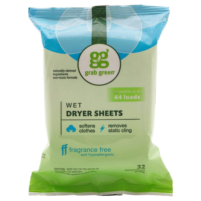 Grabgreen: Wet Dryer Sheets Fragrance Free, 8.64 Oz