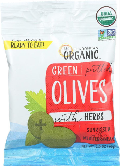 Mediterranean Organics: Green Pitted Snack Olives With Herbs, 2.5 Oz