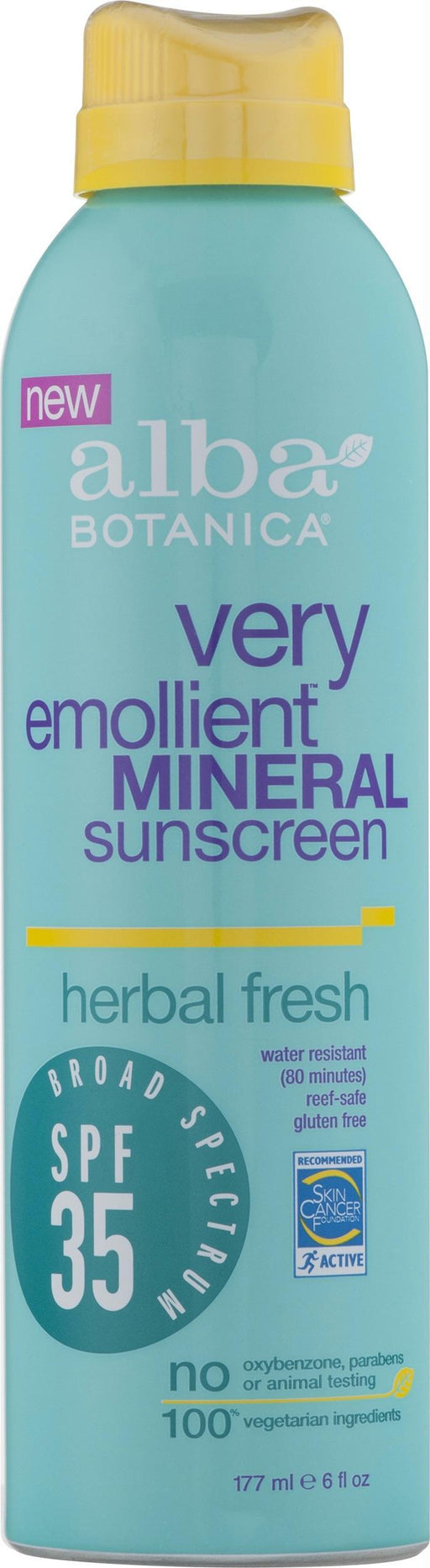 Alba Botanica: Very Emollient Mineral Spray Sunscreen Herbal Fresh Spf 35, 6 Oz