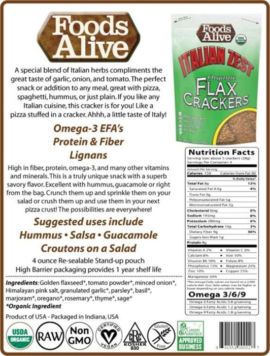 Foods Alive: Organic Flax Crackers Italian Zest, 4 Oz