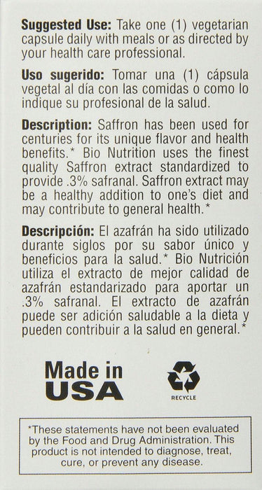 Bio Nutrition: Saffron Extract, 50 Vegetarian Capsules