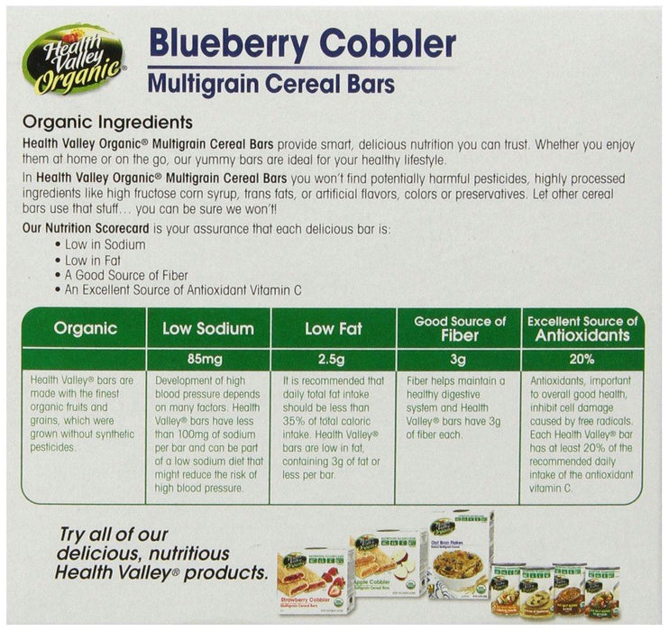 Health Valley: Organic Multigrain Cereal Bars Blueberry Cobbler 6x1.3oz Bars, 7.9 Oz