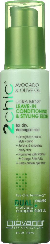 Giovanni Cosmetics: 2chic Ultra-moist Leave-in Conditioning & Styling Elixir Avocado & Olive Oil, 4 Oz