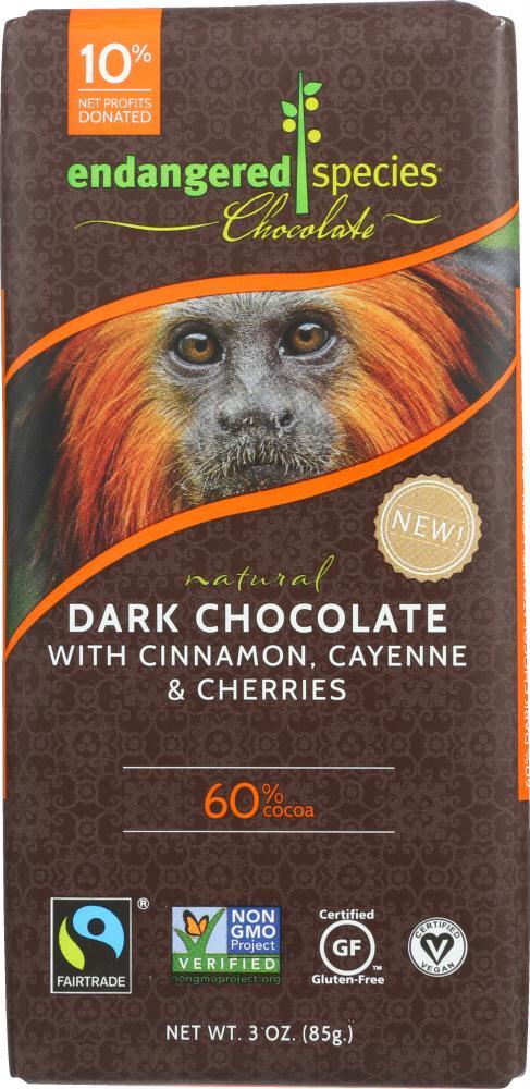 Endangered Species: Chocolate Natural 60% Dark Chocolate Bar Cinnamon Cayenne & Cherries, 3 Oz