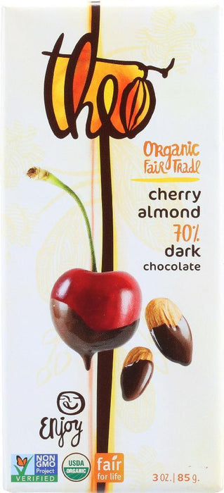 Theo Chocolate: Organic 70% Dark Chocolate Bar Cherry And Almond, 3 Oz