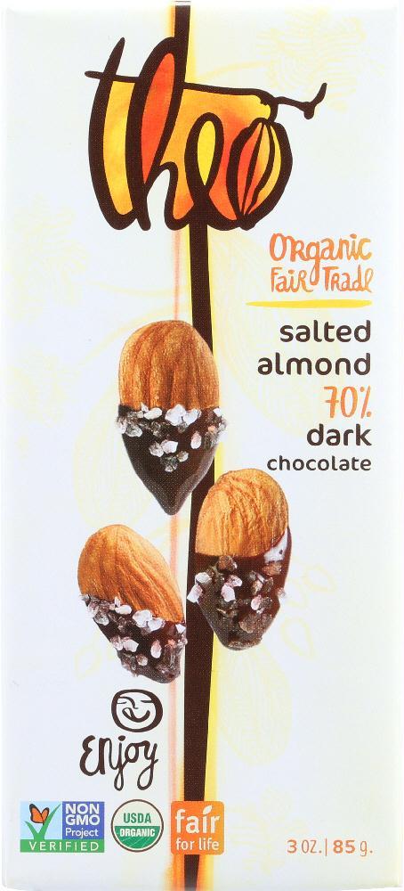 Theo Chocolate Organic Dark Chocolate Bar Salted Almond, 3 Oz