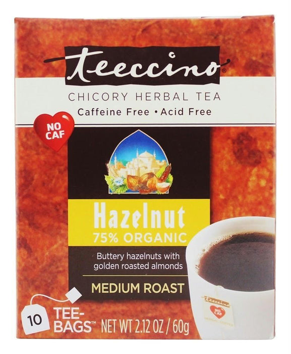 Teeccino: Chicory Herbal Tea Medium Roast Caffeine Free Hazelnut 10 Tea Bags, 2.12 Oz